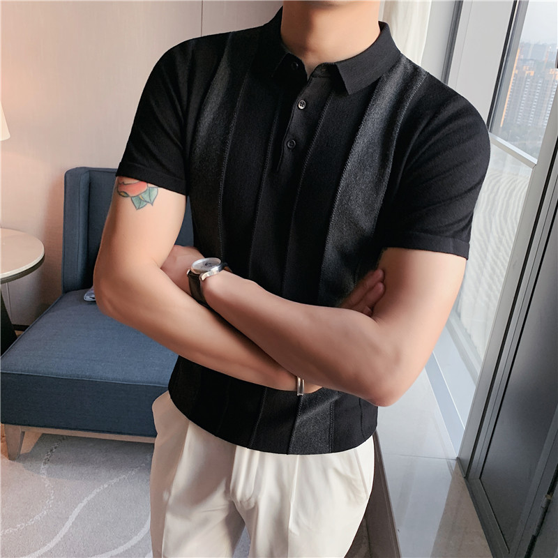 夏季冰丝Polo衫拼色条纹修身针织衫短袖T恤蓝色PL9701-P58,男装T恤,电商A213