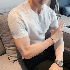 薄款冰丝无痕弹力镂空暗条纹弹力性感修身针织短袖T恤男DT05-P28图片