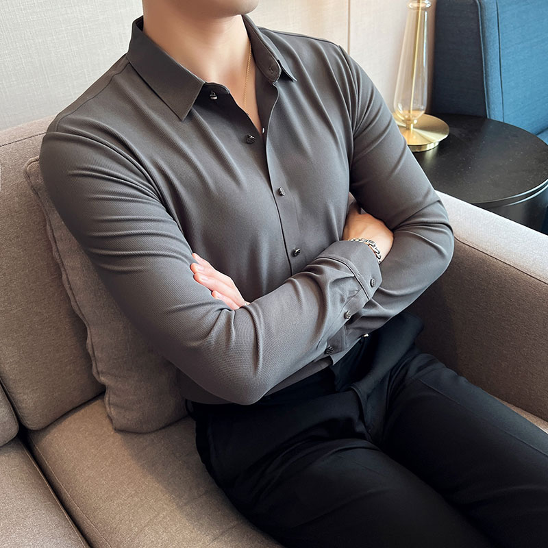 无痕华夫格免烫抗皱长袖衬衫男修身休闲商务衬衣白色C6061-P73,男装衬衫,电商A213