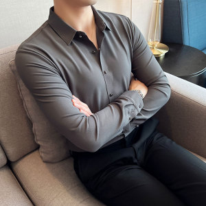 无痕华夫格免烫抗皱长袖衬衫男修身休闲商务衬衣白色C6061-P73图片