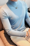 暗条纹高弹力半高领长袖t恤男修身打底秋衣体恤衫蓝色CT04-P53，男装T恤，电商A213