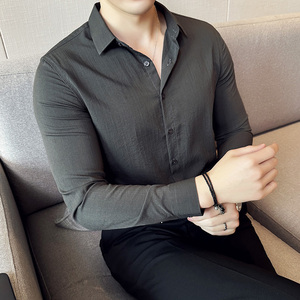 男英伦亚麻褶皱舒适面料修身长袖衬衫复古休闲衬衣白色C2023-P58图片