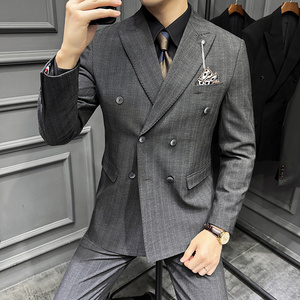 高级感西服套装条纹双排扣戗驳领西装三件套咖啡色SJT8023-P275图片