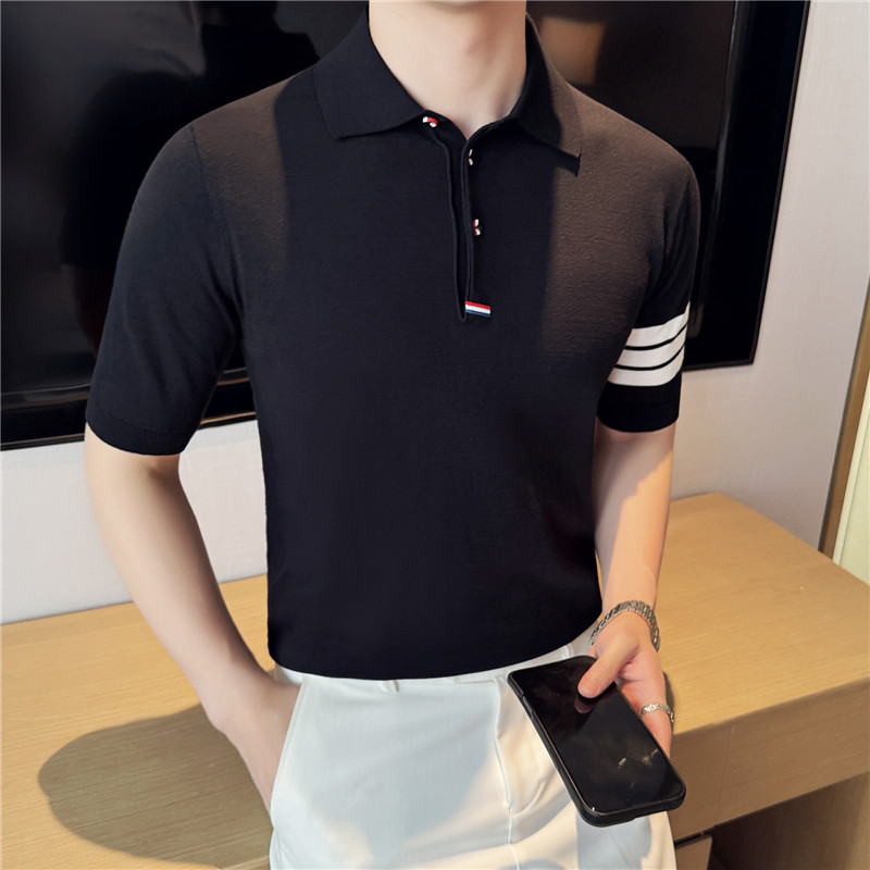 【天丝莱赛尔】手臂条纹拼色冰丝针织POLO衫短袖T恤男PL2404-P67，男装Polo衫，电商A213