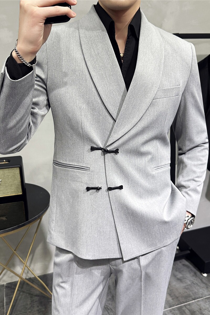 新中式休闲盘扣西服套装青果领宴会西装两件套男灰色LJT953-P243,男装西服套装,电商A213