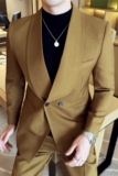 双排扣青果领男士休闲西服套装帅气西装两件套卡其色LJT8811-P200，男装西服，电商A213