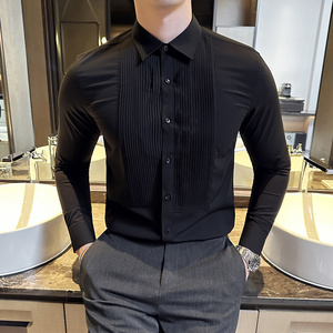 塔士多礼服衬衫新郎结婚长袖衬衫男褶皱设计感衬衣黑色C6609-P73图片