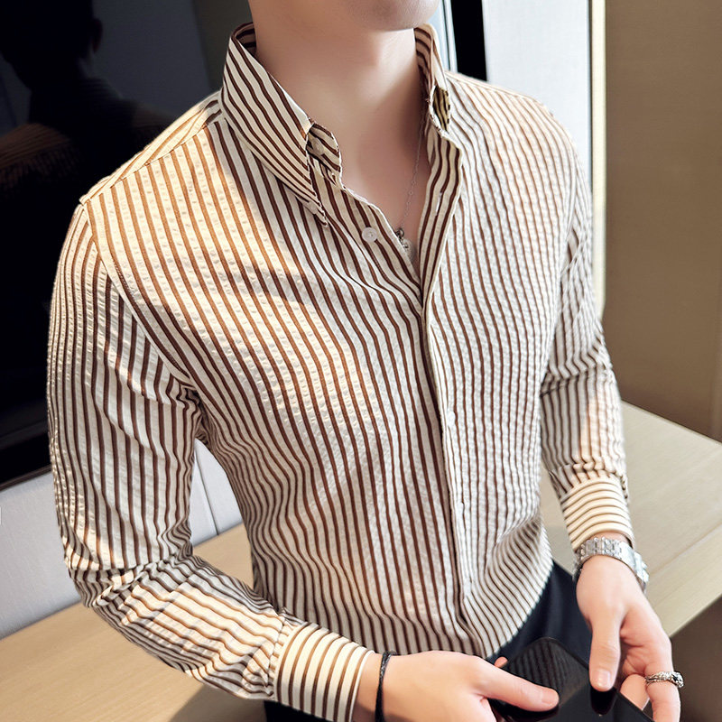 竖条纹衬衫男泡泡纱高级感修身褶皱休闲长袖衬衣咖啡色C2007-P58图片