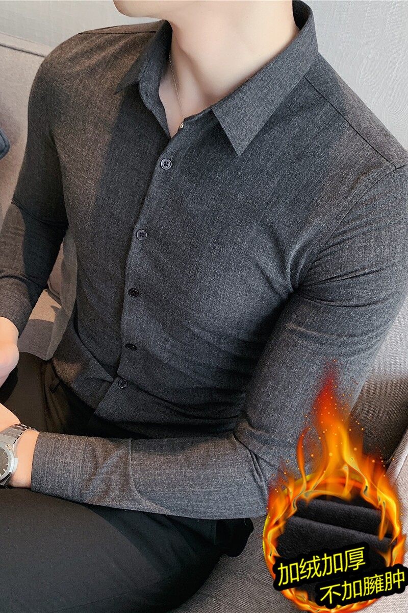 加厚加绒~高级感男纯色长袖衬衫磨毛质感衬衣修身黑色JR818-P68,男装衬衫,电商A213