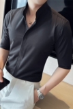 暗门襟立领衬衫男中袖圆领衬衣弹力垂感衬衣黑色C2351-P58，男装衬衫，电商A213