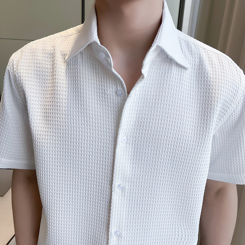 轻熟风~休闲帅气高级感华夫格短袖衬衫男垂感衬衣黑色C2302-P58,男装T恤,电商A213