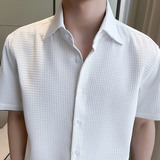 轻熟风~休闲帅气高级感华夫格短袖衬衫男垂感衬衣黑色C2302-P58，男装T恤，电商A213