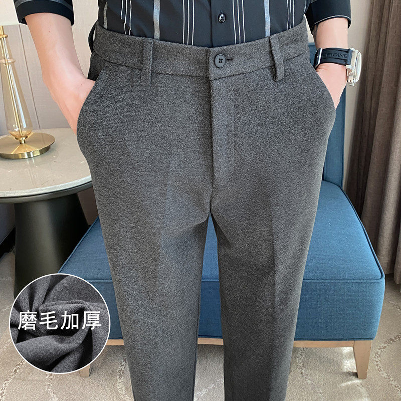 腰部可拉伸磨毛加厚毛呢西裤男商务西裤小脚休闲裤灰色XK209-P68图片