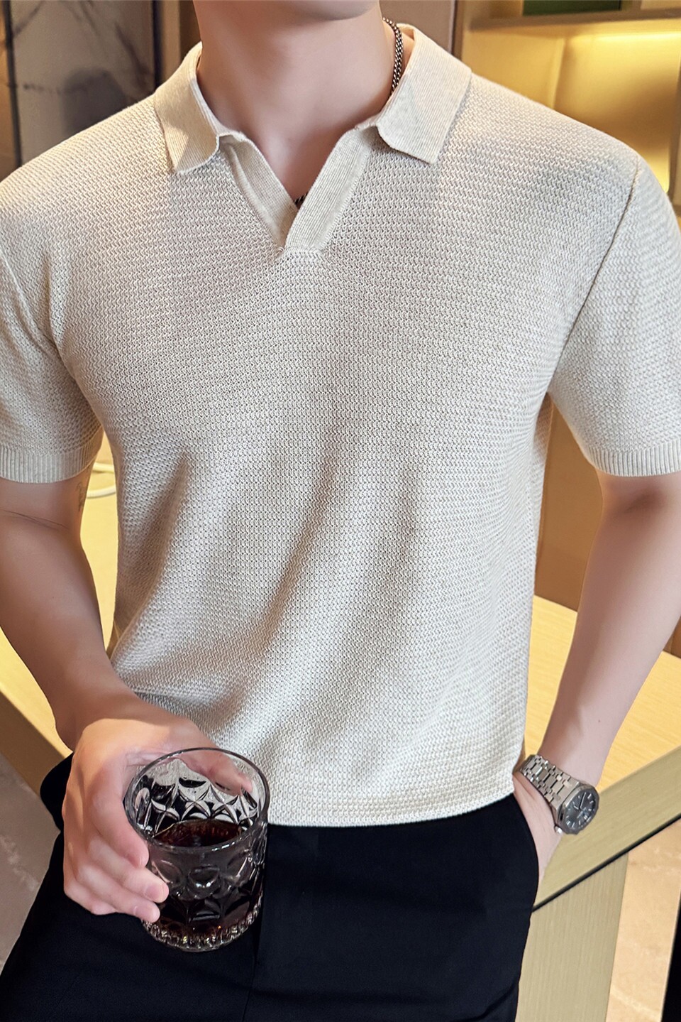 【天丝莱赛尔】老钱风亚麻短袖T恤男镂空针织polo衫PL8990-P67图片
