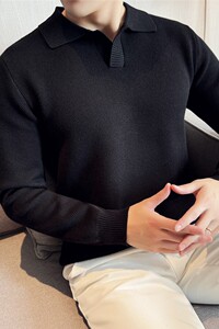 高级感秋冬加厚V领毛衣外套翻领针织Polo衫男装上衣黑色M9556-P88图片