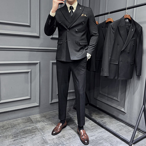 双排扣色织格纹西服新郎结婚礼服格子西装三件套男SJT8035-P285图片