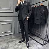 高级感西服套装条纹双排扣戗驳领西装三件套男黑色SJT8013-P275，男装西服套装，电商A213