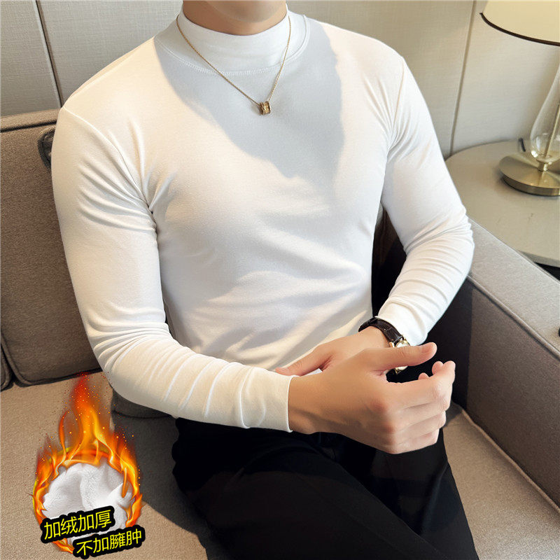 加厚加绒保暖半高领弹力t恤修身长袖纯棉中领打底衫黑色TU282-P50，男装T恤，电商A213
