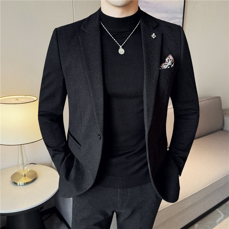 高级感毛呢子休闲小西装外套男修身韩版秋冬加厚西服DX6951-P155图片