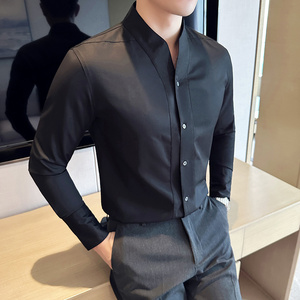 高级感性感大V领衬衫男长袖设计感无领衬衣黑色CZ013-P73