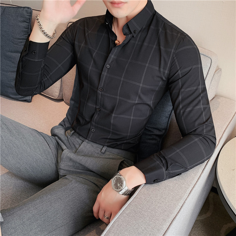 长期做~男士格子衬衫长袖高级免烫衬衣修身商务寸绿色C2040-P68,男装衬衫,电商A213