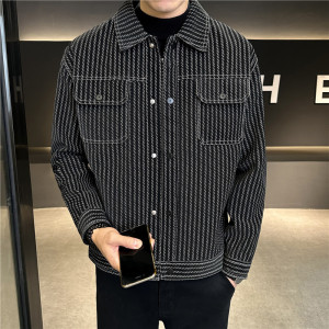 帅气显瘦皮衣夹克男修身翻领短款条纹外套黑色JK857-P118图片