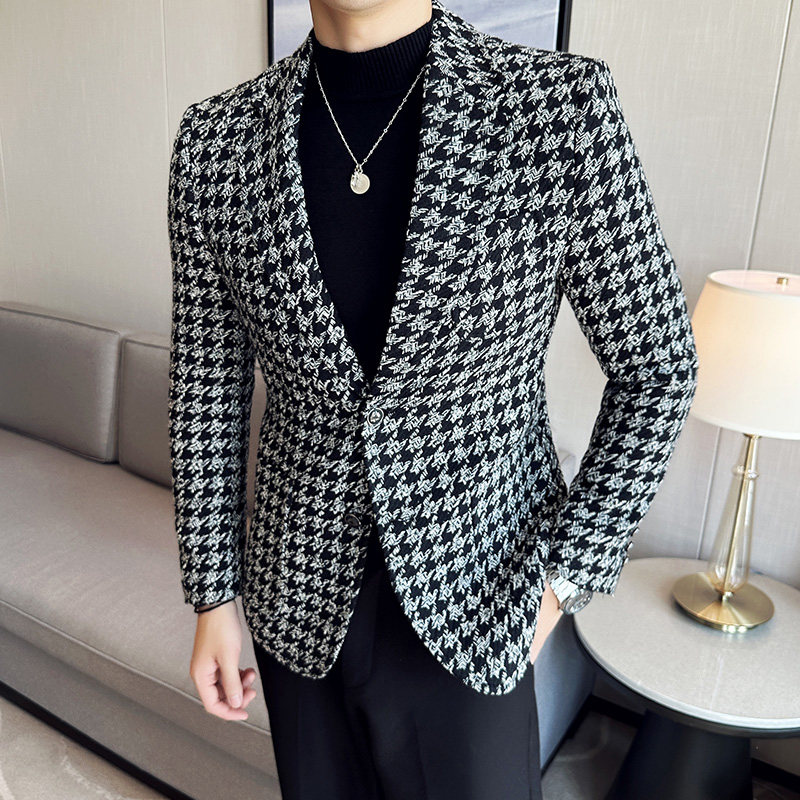 潮男主持人宴会礼服帅气西服外套帅气千鸟格西装厚款DX118-P155图片