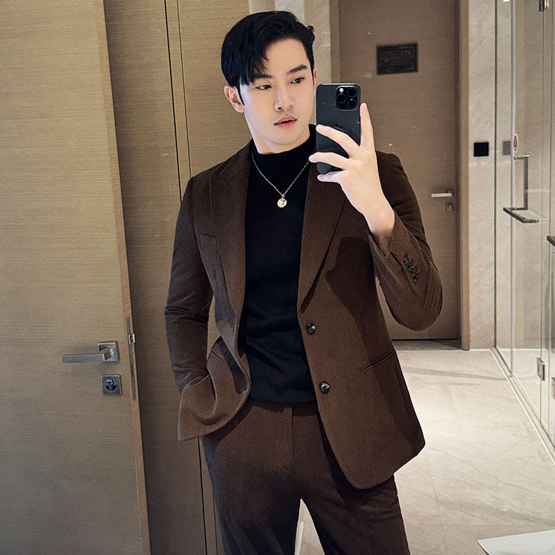 秋冬高级感灯芯绒西装外套男条绒西服加厚款西装咖啡色DX626-P137图片