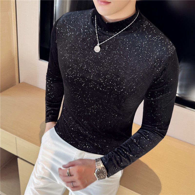 金丝绒满天星长袖T恤男秋冬高级感弹力半高领打底衫修身CT091-P43,男装T恤,电商A213