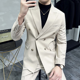 高级感戗驳领双排扣西装两件套男商务休闲西服宝蓝色LJT-1-P230，男装西服套装，电商A213