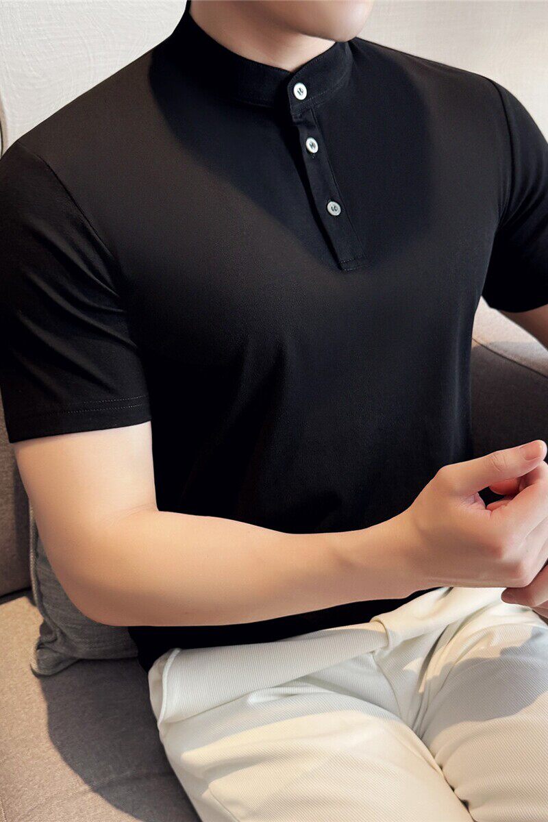 冰肤柔凉感棉质面料亨利领短袖T恤男修身立领polo衫黑色T7860-P50，男装Polo衫，电商A213