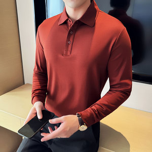 高品质翻领长袖T恤男弹力高级感带领Polo衫淡灰绿T6803-P58图片