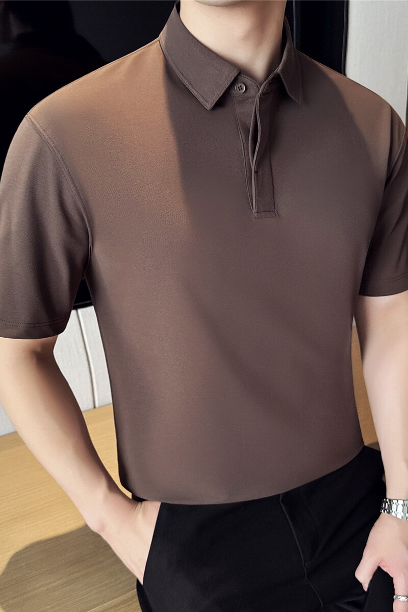 新疆长绒棉液氨科技~隐藏扣纯色polo衫男短袖t恤乌木棕PL2259-P45,男装T恤,电商A213