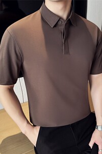 新疆长绒棉液氨科技~隐藏扣纯色polo衫男短袖t恤乌木棕PL2259-P45图片