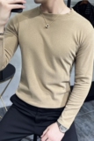特价跑量~圆领加厚长袖t恤男修身双面绒打底体恤杏色T881-P30，男装T恤，电商A213