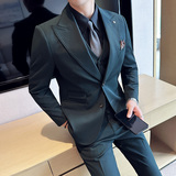 高级感新郎西服套装两粒扣戗驳领西装三件套男绿色SJT120-P265，男装西服套装，电商A213