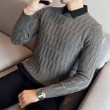 假两件毛衣男柔软弹力加厚修身假领提花针织衫灰色M9858-P98，男装针织衫/毛衣，电商A213