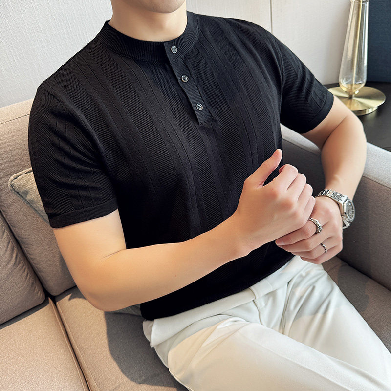 新中式立领短袖T恤~薄款时尚条纹镂空针织无领polo衫男PL8911-P58图片