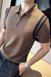 高弹冰丝泡泡面料撞色半拉链polo衫男短袖翻领t恤咖啡PL2619-P58图片
