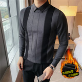 加厚加绒条纹拼接针织毛衣衬衫领假两件毛衣男毛衫灰JR9305-P100，男装针织衫/毛衣，电商A213
