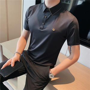 小金边冰丝轻薄高弹翻领无痕T恤男士冰感短袖POLO衫白色PL01-P70图片