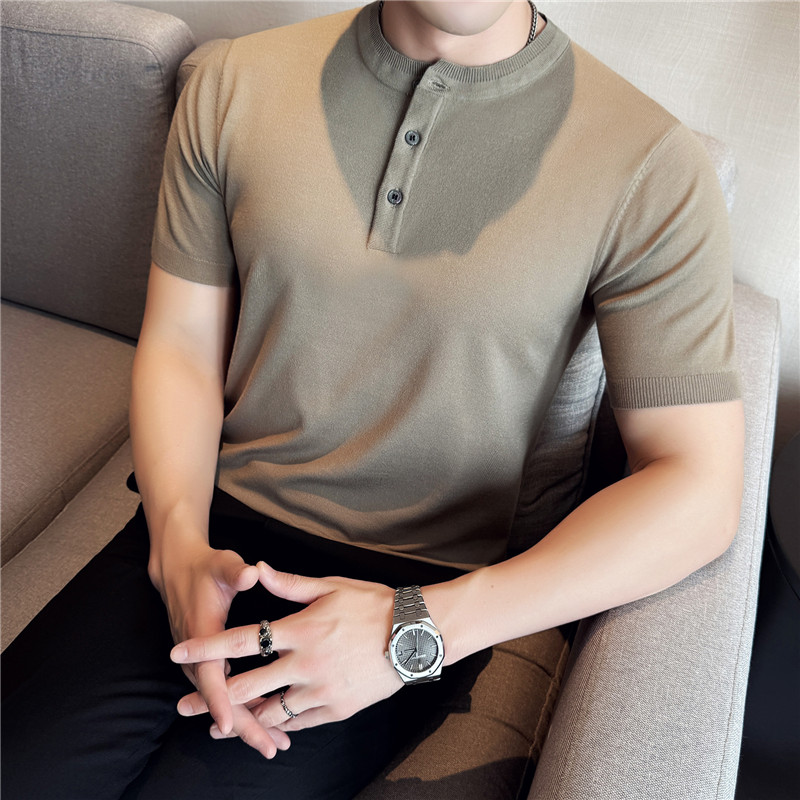 夏季新款高级感亨利领针织短袖T恤冰丝薄款修身上衣T2616-P63，男装T恤，电商A213