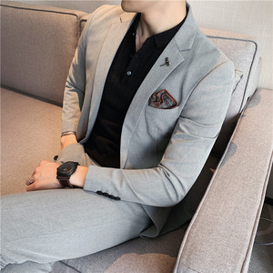 纯色小西装男修身大码两件套男商务休闲西服套装卡其LJT105/P210图片