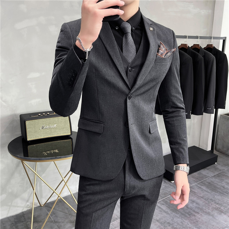 质感两粒扣双开叉男西服套装修身西装三件套深灰色SJT402-P270,男装西服套装,电商A213