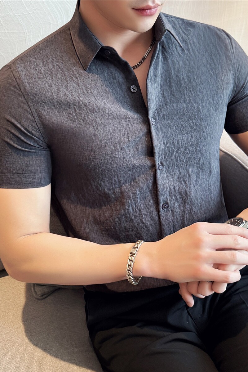 冰丝透气褶皱肌理纹细条纹短袖衬衫男商务休闲衬衣灰色C1012-P58,男装衬衫,电商A213