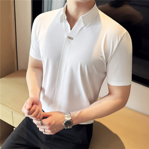 弹力性感V领短袖POLO衫男高级感暗条纹冰丝无痕翻领T恤PL6686-P63图片