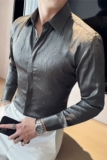 冰丝薄款大V领衬衫男长袖花衬衣褶皱设计立领衬衣深灰色CXT36-P73，男装衬衫，电商A213