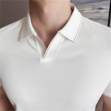 V领短袖Polo衫拼色翻领薄款休闲冰丝弹力T恤黑色PL2711-P53，男装Polo衫，电商A213