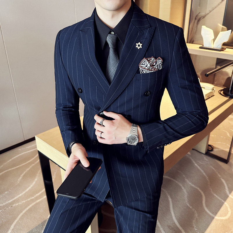 新郎西服套装条纹双排扣戗驳领西装三件套男西服蓝色SJT8013-P275,男装西服套装,电商A213
