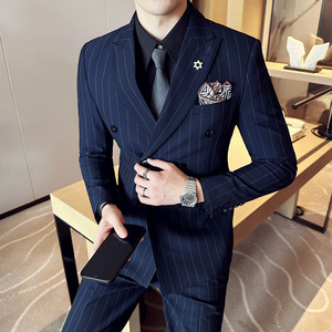 新郎西服套装条纹双排扣戗驳领西装三件套男西服蓝色SJT8013-P275图片